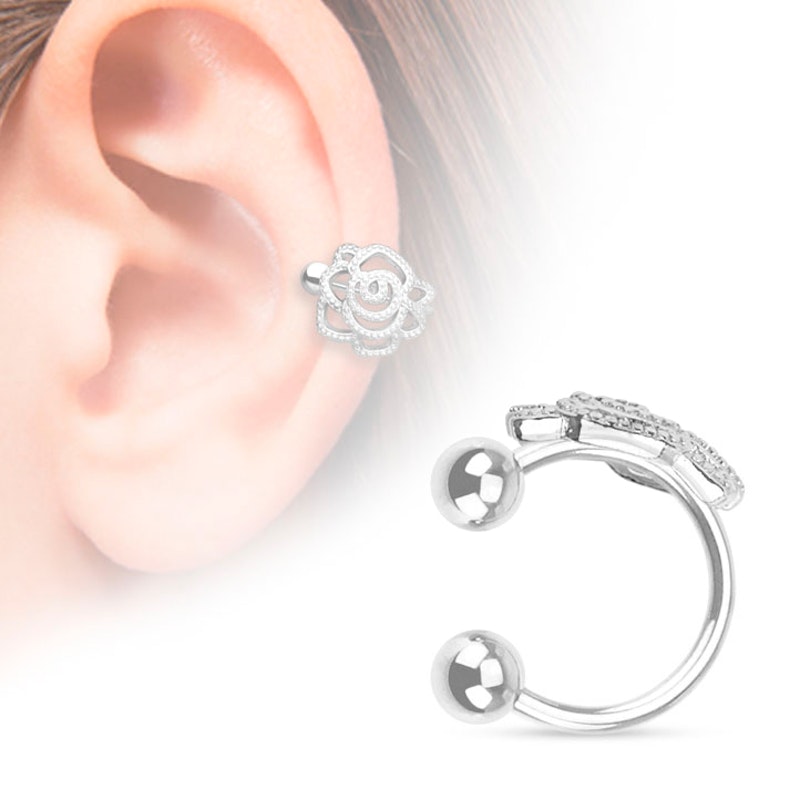 Falešný piercing do ucha - klips s růží