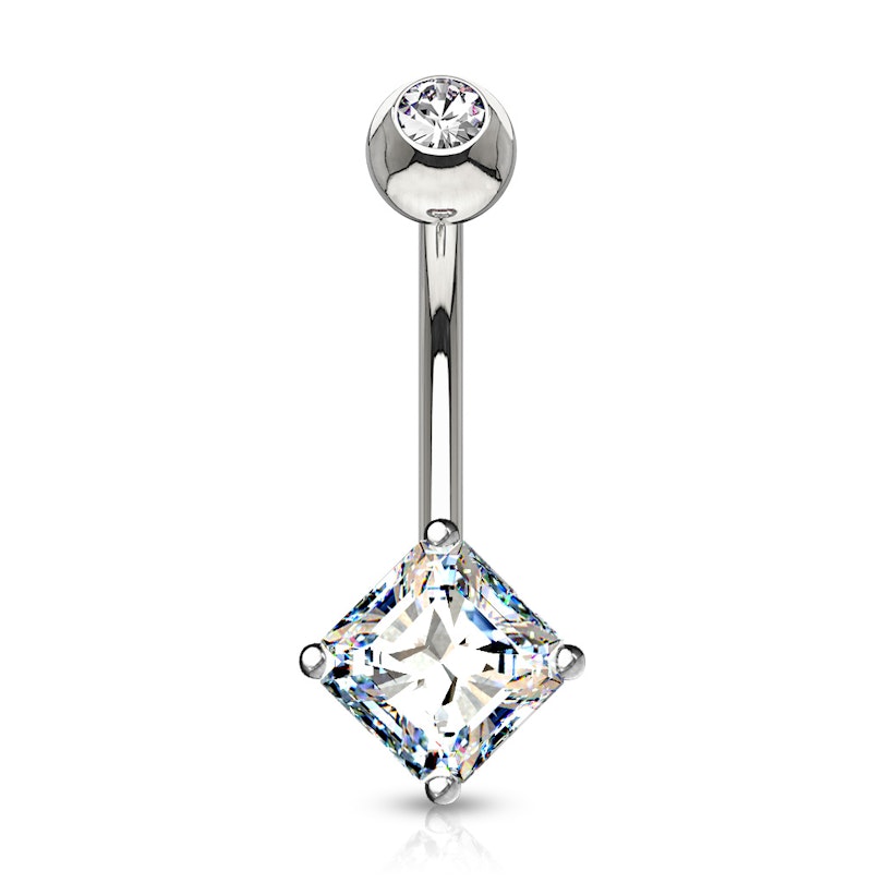 Zlatý 14kt piercing do pupíku se čtvercovým krystalem