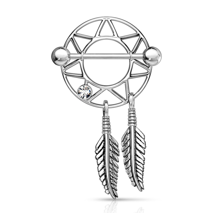 Piercing do bradavky se štítem s pírky