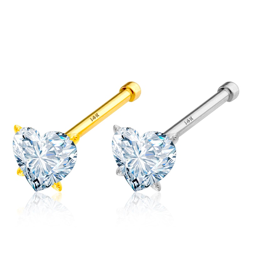Zlatý 14kt piercing do nosu s kamínkem ve tvaru srdce