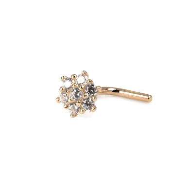 Zlatý 14kt piercing do nosu zahnutý do "L" s květinou z kamínků
