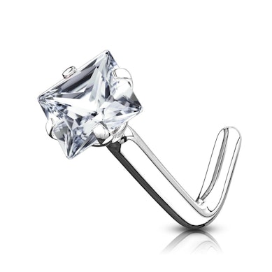 Zlatý 14kt piercing do nosu zahnutý do "L" se čtvercovým kamínkem