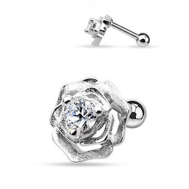 Piercing do ucha s růží s krystalem