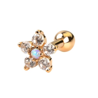 Zlatý 14kt piercing do ucha s květinou a opalitem