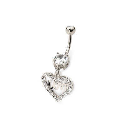 Piercing do pupíku se srdíčkem zdobeným kamínky a nápisem love