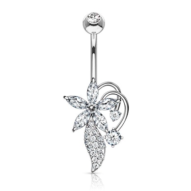 Piercing do pupíku s květinou zdobenou mnoha kamínky