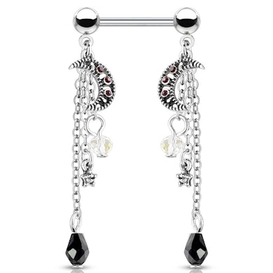 Piercing do bradavky s řetízky, měsíčky a hvězdičkami