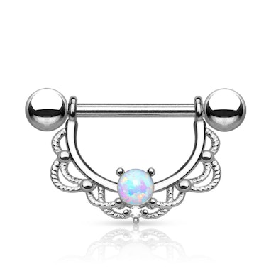 Piercing do bradavky s filigránovým zdobením a opálem