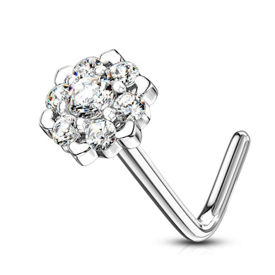 Zlatý 14kt piercing do nosu zahnutý do "L" s lotosovým květem zdobeným kamínky