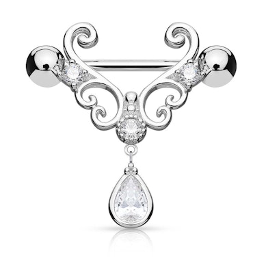 Piercing do bradavky ve tvaru srdce s kamínky