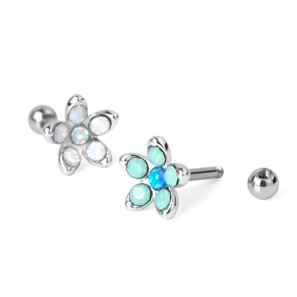 Piercing do ucha s květinou z opalitu a opálu
