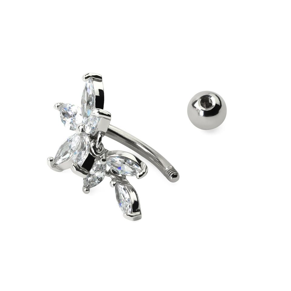 Obrácený piercing do pupíku s květinou z kamínků