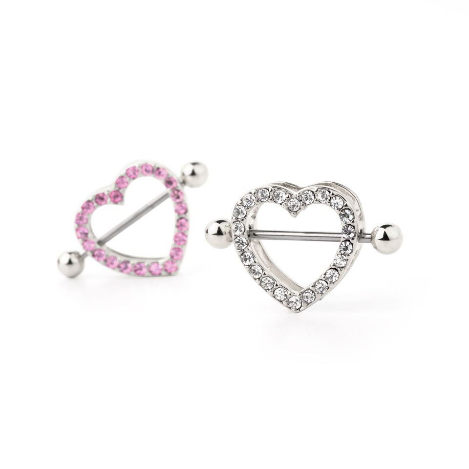 Piercing do bradavky se štítem ve tvaru srdíčka s kamínky
