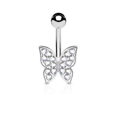 Piercing do pupíku s motýlem zdobeným broušenými kamínky