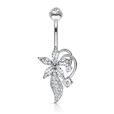Piercing do pupíku s květinou zdobenou mnoha kamínky