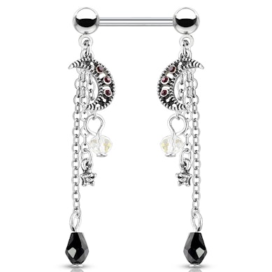 Piercing do bradavky s řetízky, měsíčky a hvězdičkami