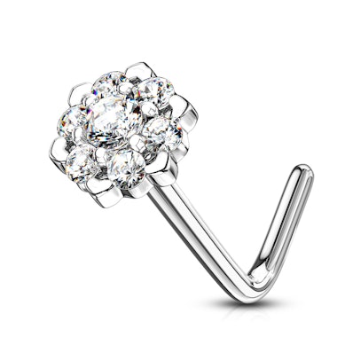 Zlatý 14kt piercing do nosu zahnutý do &quot;L&quot; s lotosovým květem zdobeným kamínky