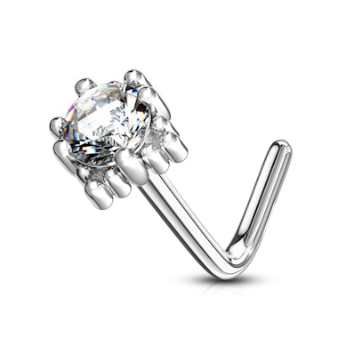 Zlatý 14kt piercing do nosu zahnutý do &quot;L&quot; s kamínkem ve čtverci