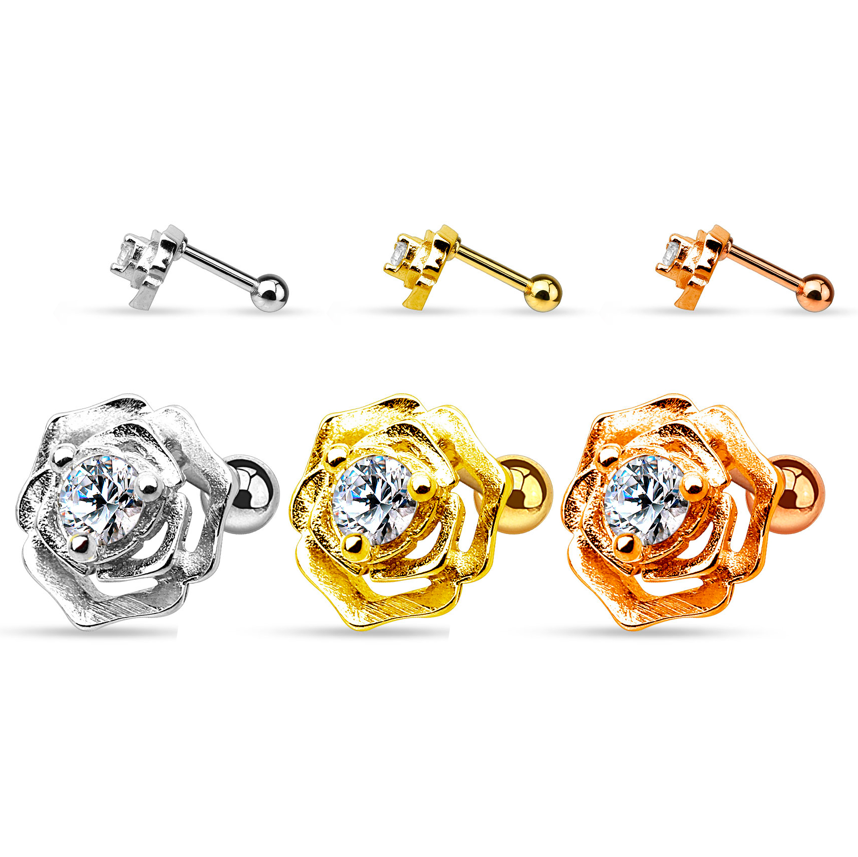 Piercing do ucha s růží s krystalem