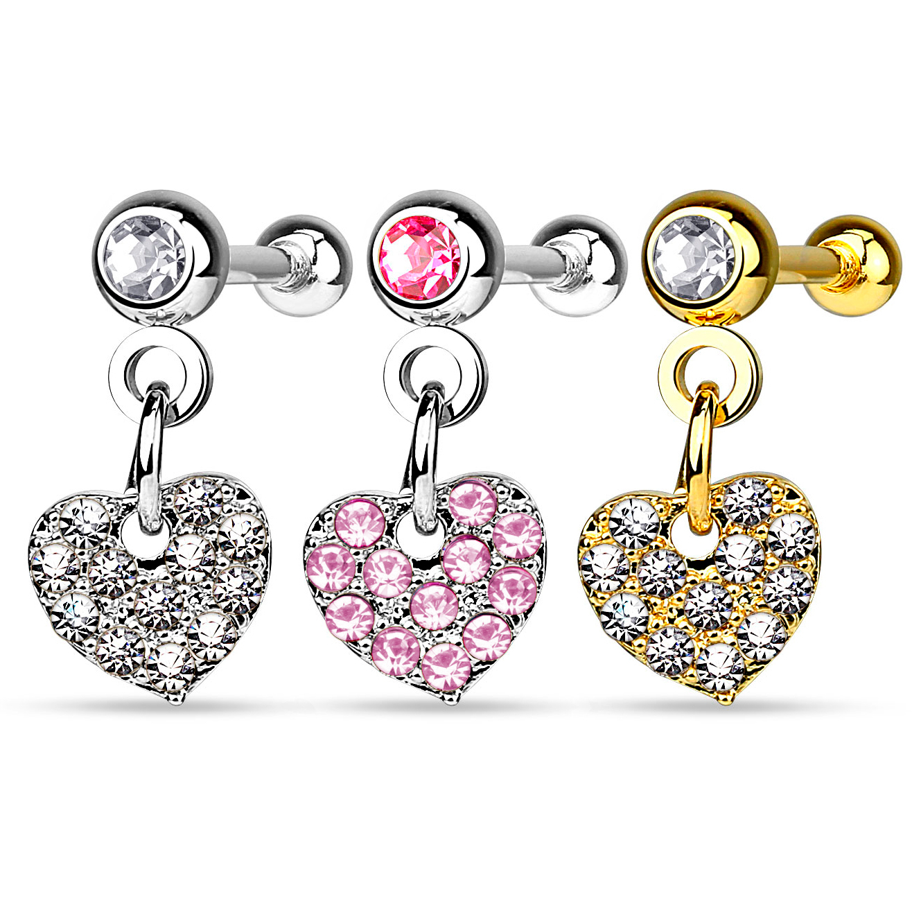 Piercing do ucha s přívěskem ve tvaru srdce zdobeným kamínky