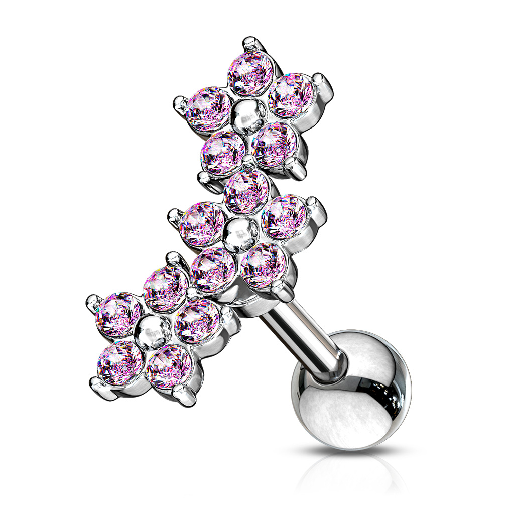 Piercing do ucha se 3 květinami z kamínků