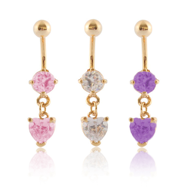 Pozlacený piercing do pupíku s krystalem ve tvaru srdce