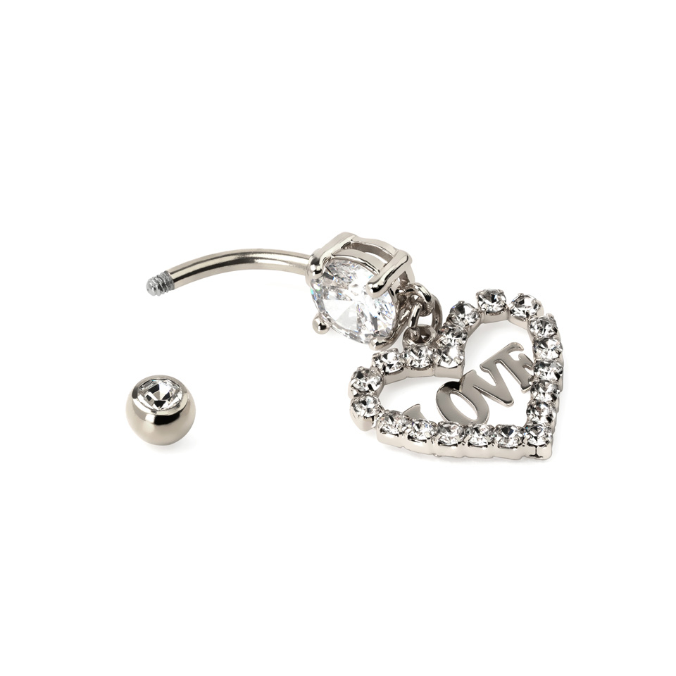 Piercing do pupíku se srdíčkem zdobeným kamínky a nápisem love