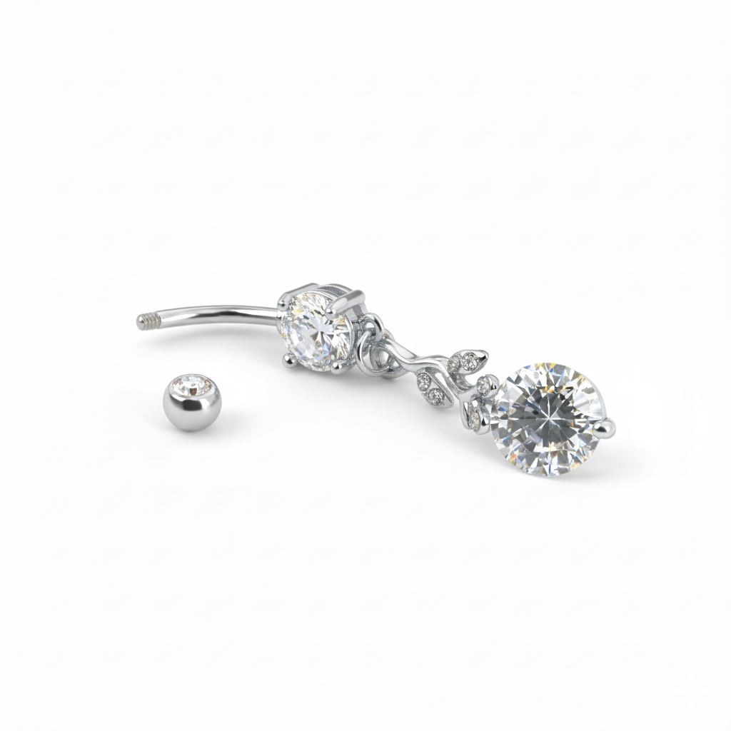 Piercing do pupíku s přívěskem ve tvaru větvičky s křišťálovými kamínky