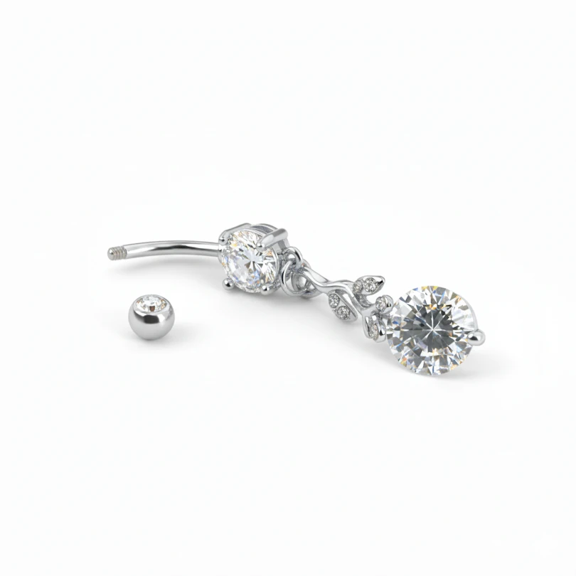 Piercing do pupíku s přívěskem ve tvaru větvičky s křišťálovými kamínky