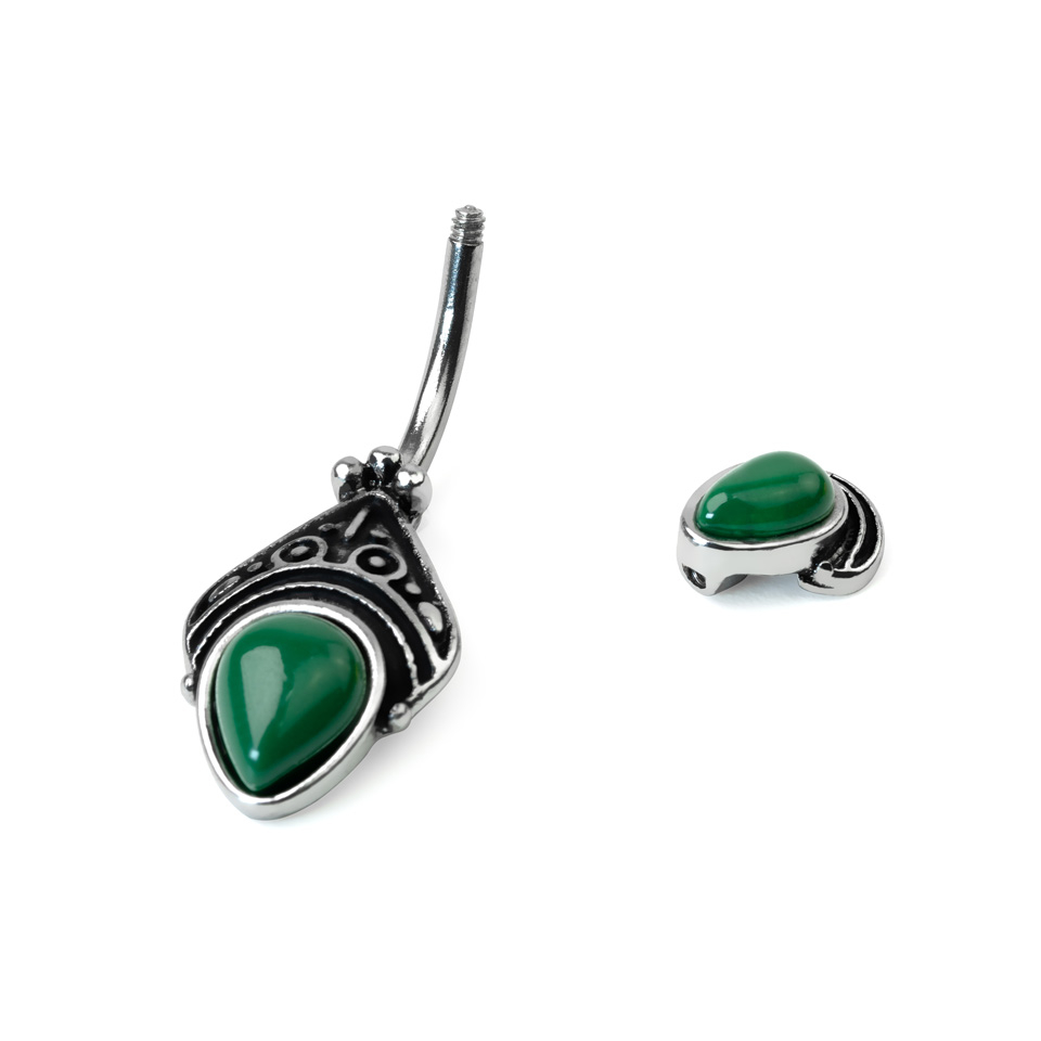 Piercing do pupíku s filigránovým zdobením a kamínky ve tvaru kapky