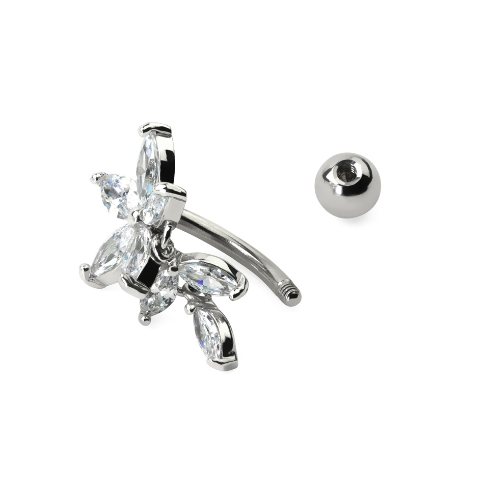 Obrácený piercing do pupíku s květinou z kamínků