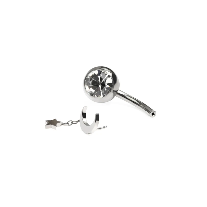 Titanový piercing do pupíku s pohyblivým měsícem a hvězdou