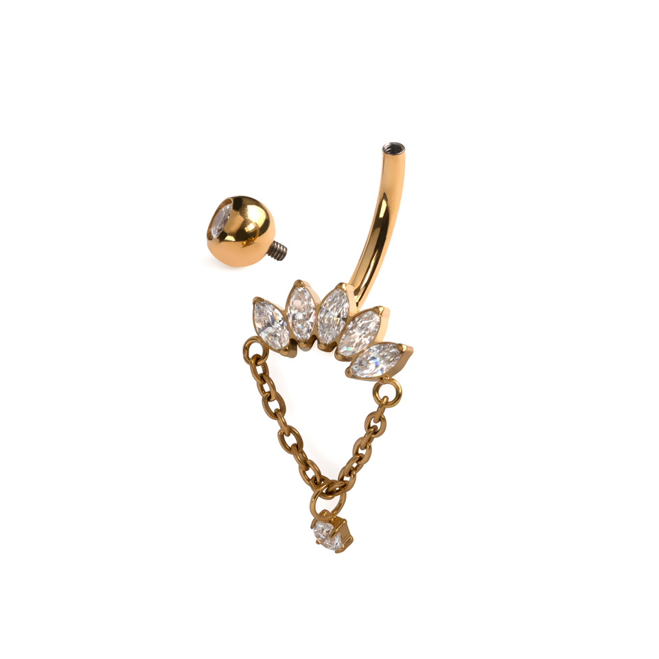 Titanový piercing do pupíku s markýzovými kamínky a řetízkem