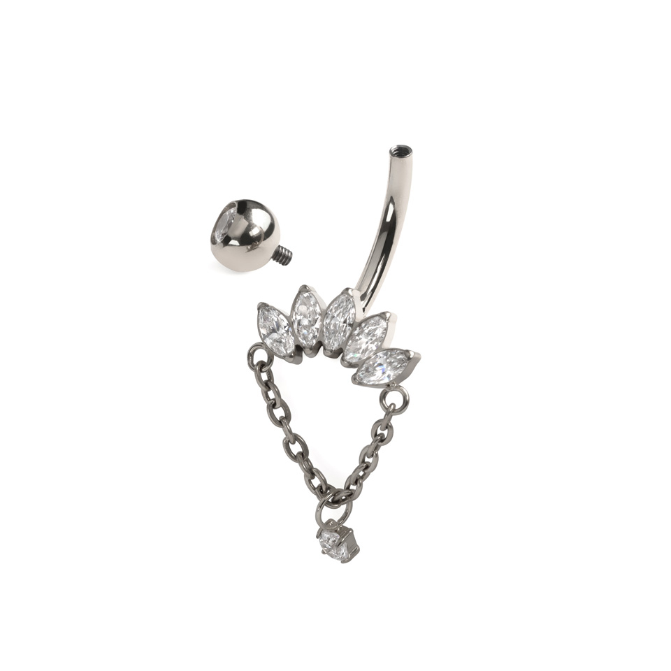 Titanový piercing do pupíku s markýzovými kamínky a řetízkem