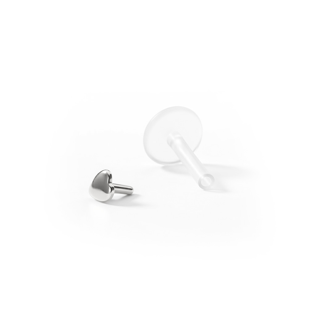 Zlatá 14kt labreta se srdíčkem-8 mm-14k bílé zlato / PTFE-1,2 mm