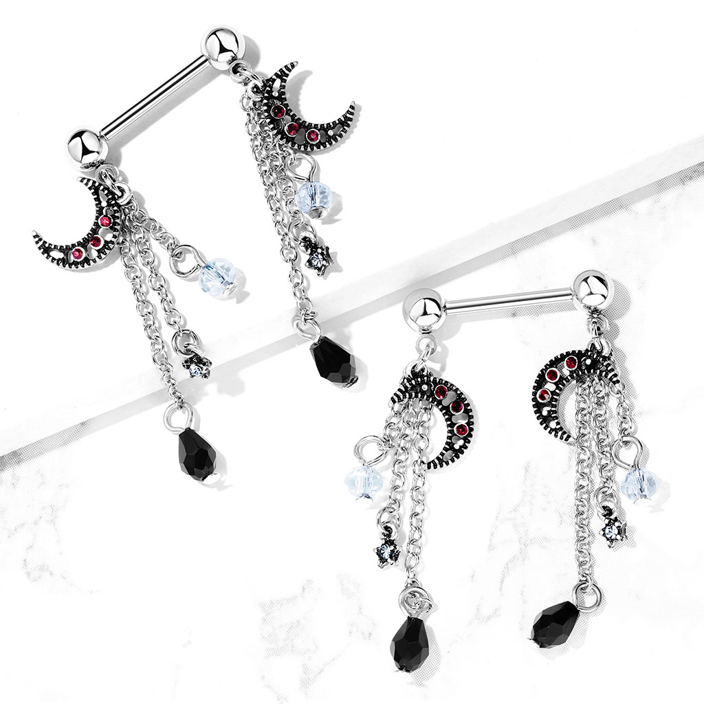 Piercing do bradavky s řetízky, měsíčky a hvězdičkami