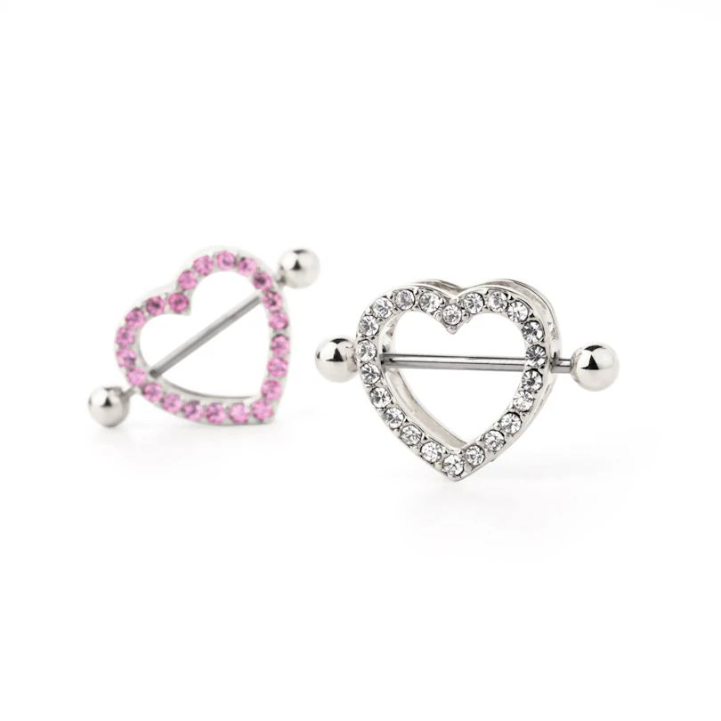 Piercing do bradavky se štítem ve tvaru srdíčka s kamínky