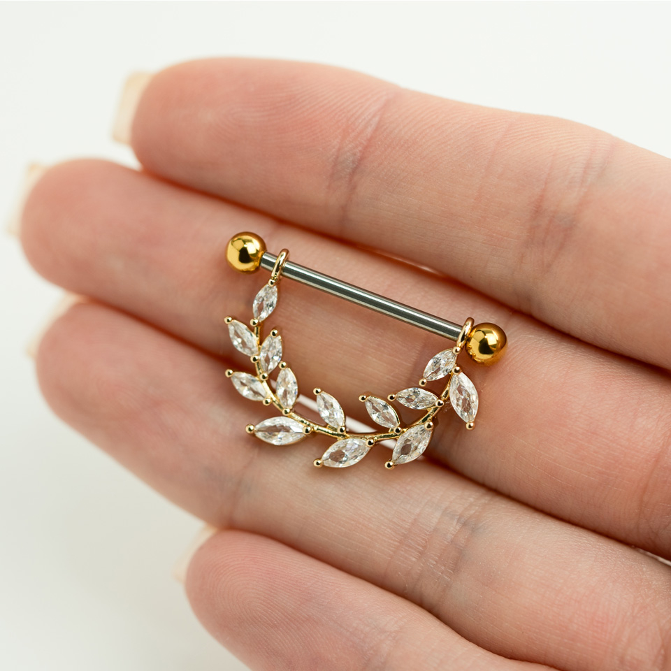 Piercing do bradavky s lístky z kamínků