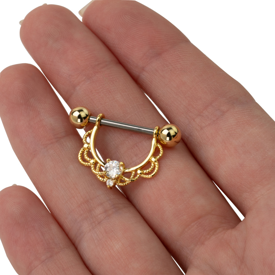 Piercing do bradavky s filigránovým zdobením a kamínkem