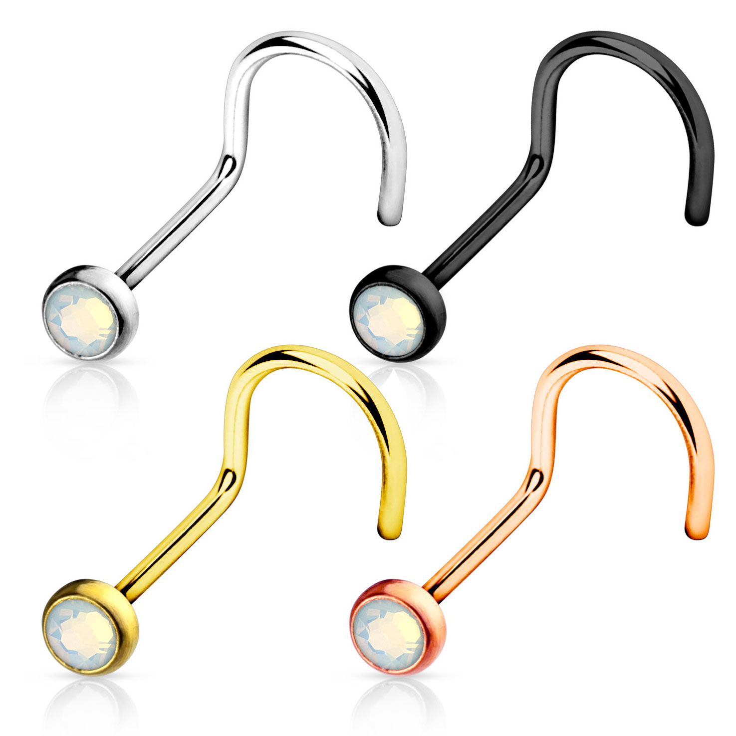 Zahnutý piercing do nosu v různých barvách s opalitem