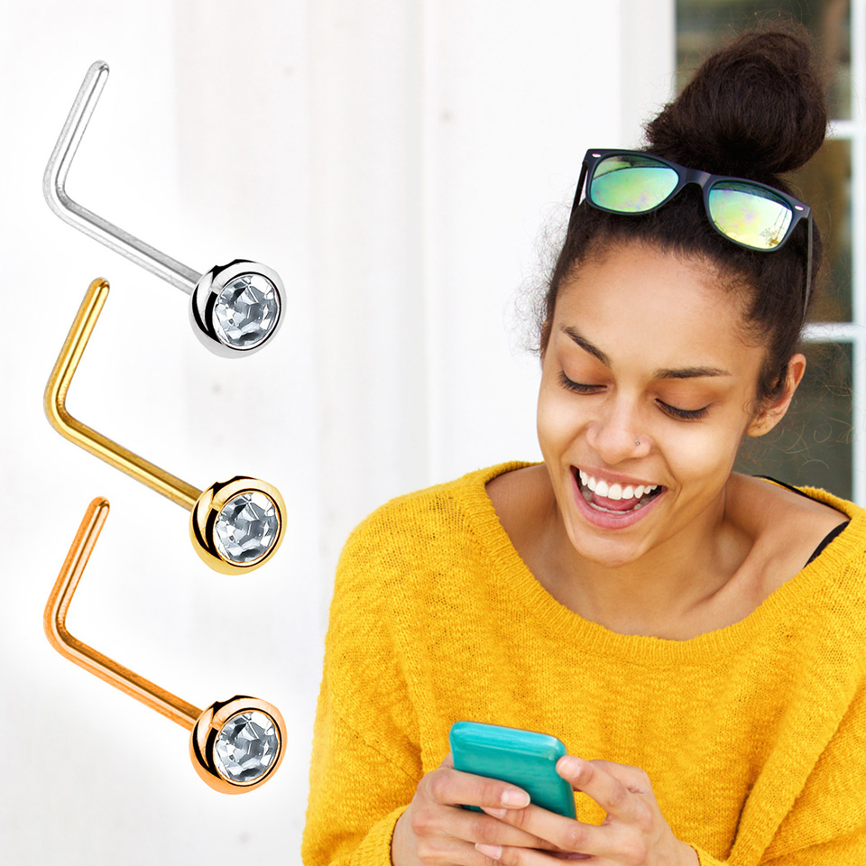 Zlatý 14kt piercing do nosu zahnutý do "L" s kamínkem