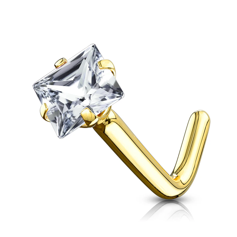 Zlatý 14kt piercing do nosu zahnutý do "L" se čtvercovým kamínkem