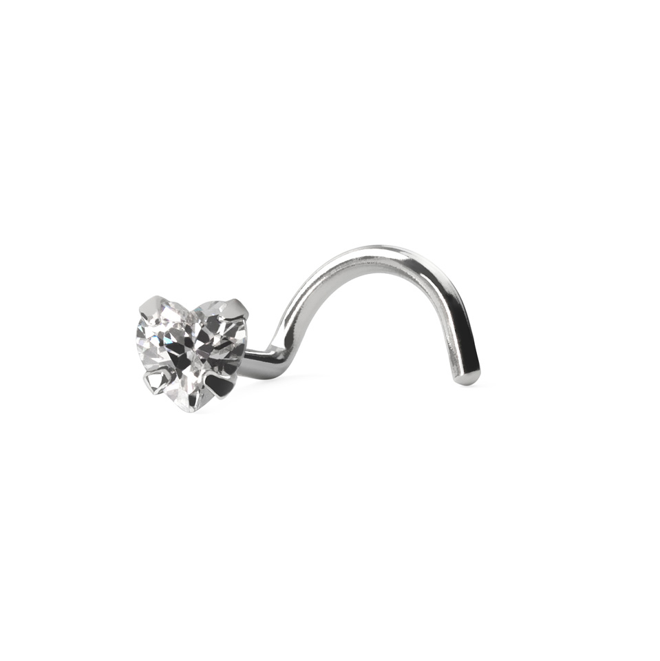Zlatý 14kt zahnutý piercing do nosu s kamínkem ve tvaru srdce