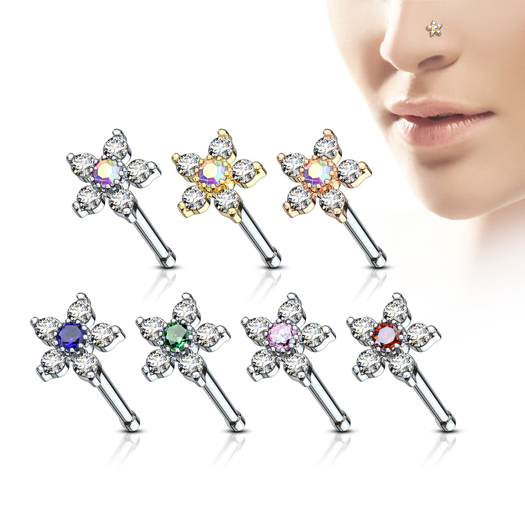 Piercing do nosu s květinou s pěti okvětními lístky z kamínků