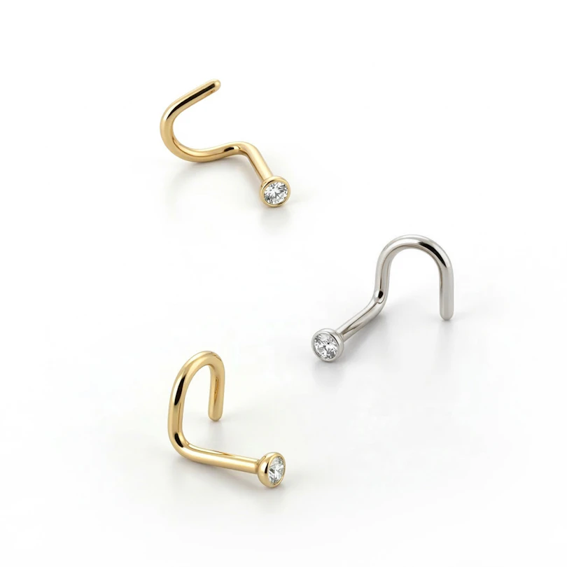 Zahnutý piercing do nosu z chirurgické oceli s kamínky v různých barvách