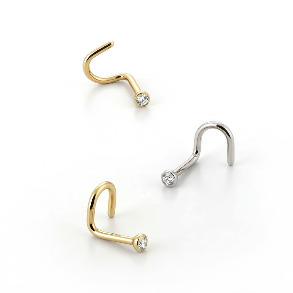 Zahnutý piercing do nosu z chirurgické oceli s kamínky v různých barvách