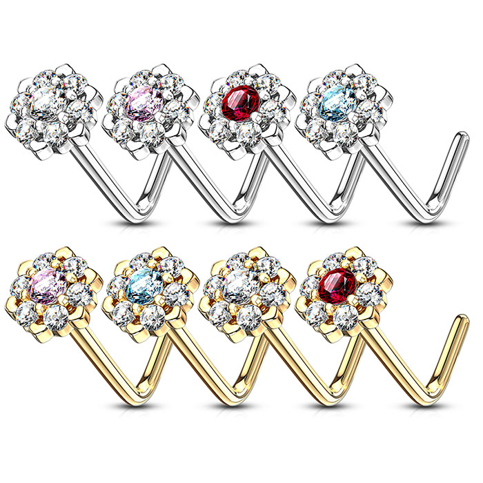 Zlatý 14kt piercing do nosu zahnutý do &quot;L&quot; s lotosovým květem zdobeným kamínky