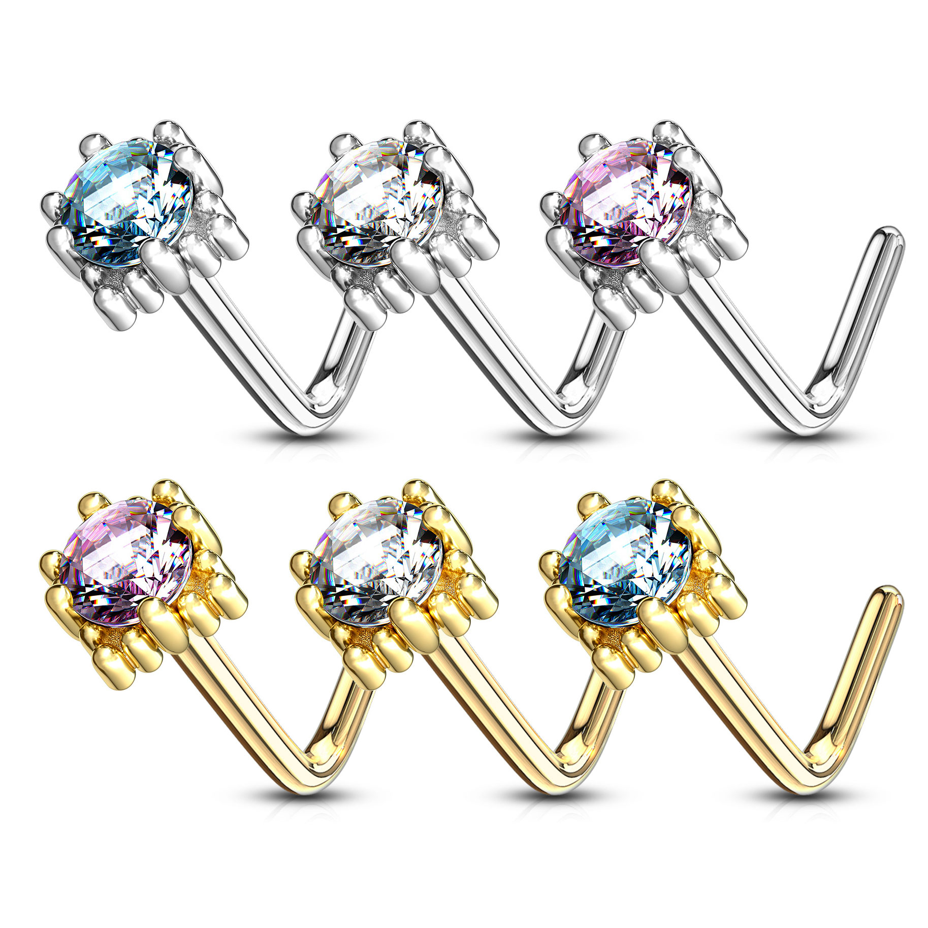 Zlatý 14kt piercing do nosu zahnutý do &quot;L&quot; s kamínkem ve čtverci