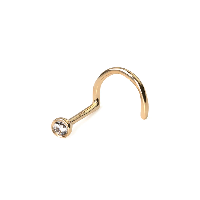 Zlatý 14kt zahnutý piercing do nosu se zirkonem