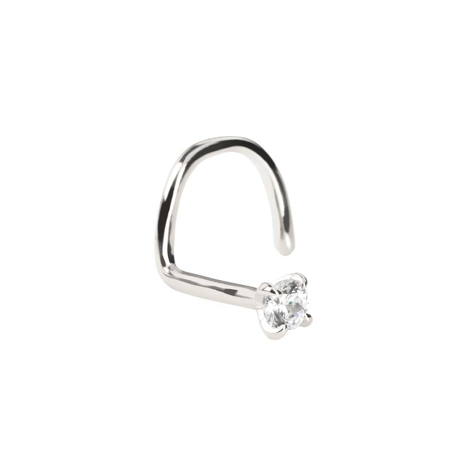 Zahnutý piercing do nosu z ryzího 14kt zlata s kamínkem
